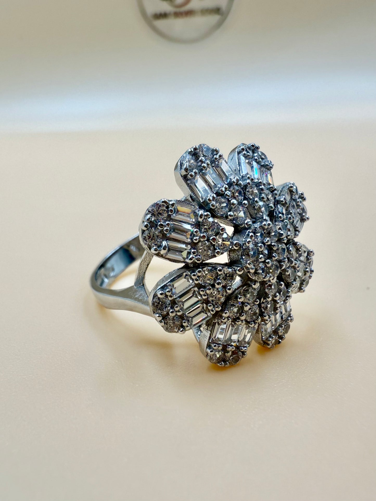 Floral Burst White Zircon Cocktail Silver Ring