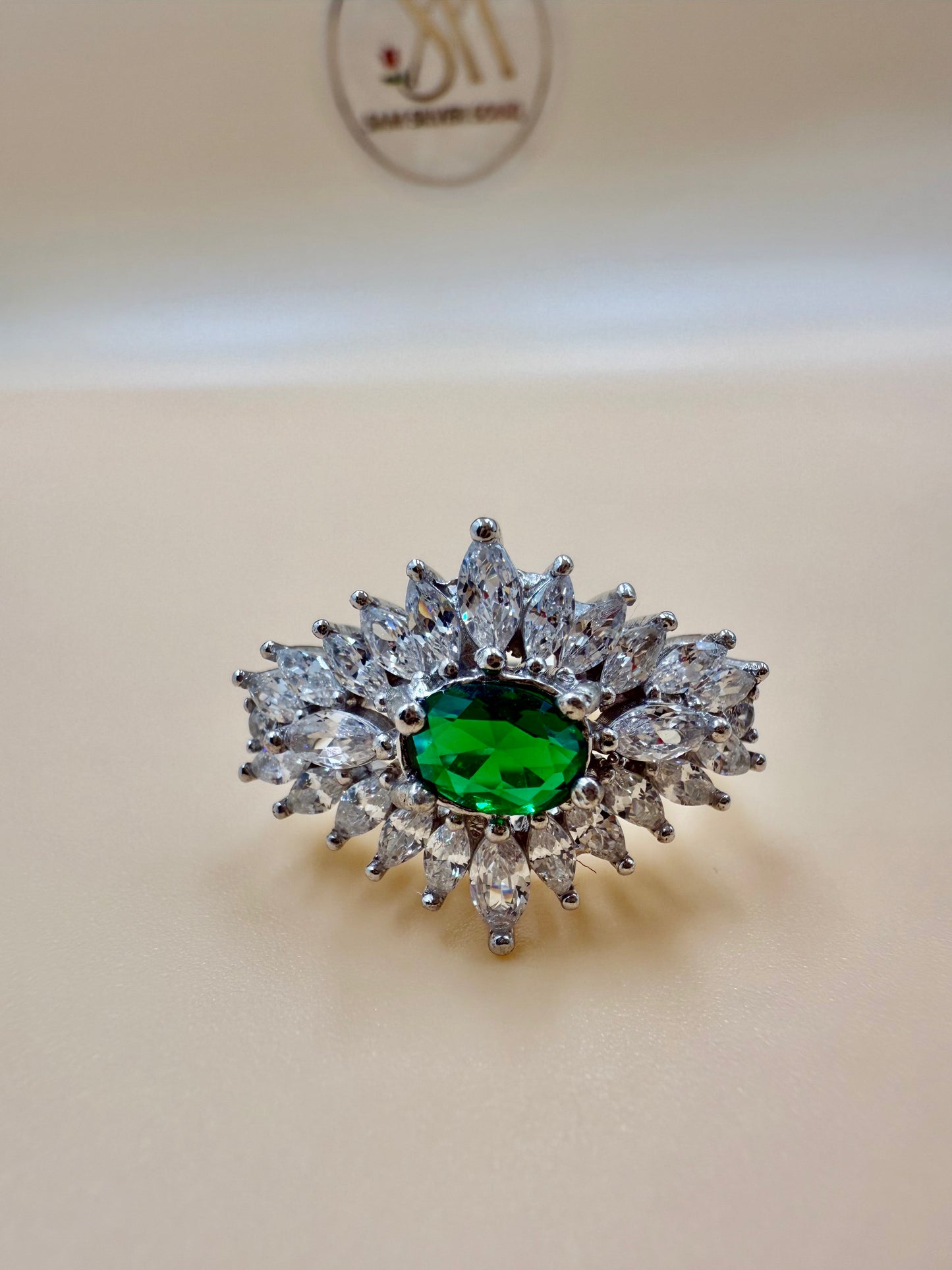 Emerald Halo Zircon Silver Ring