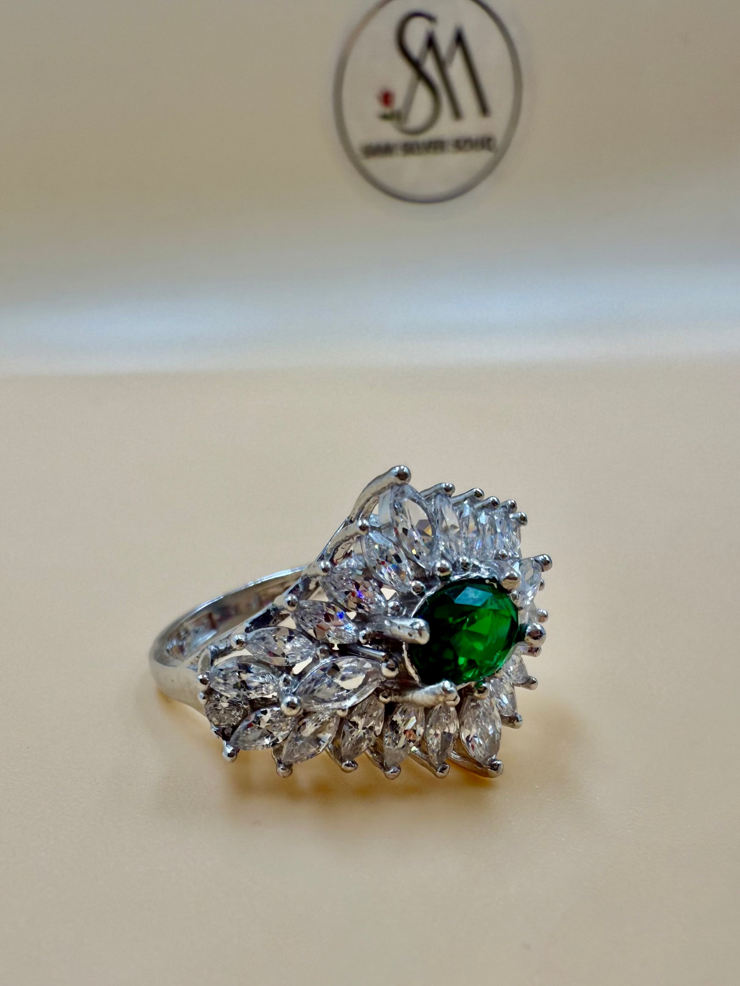 Emerald Halo Zircon Silver Ring