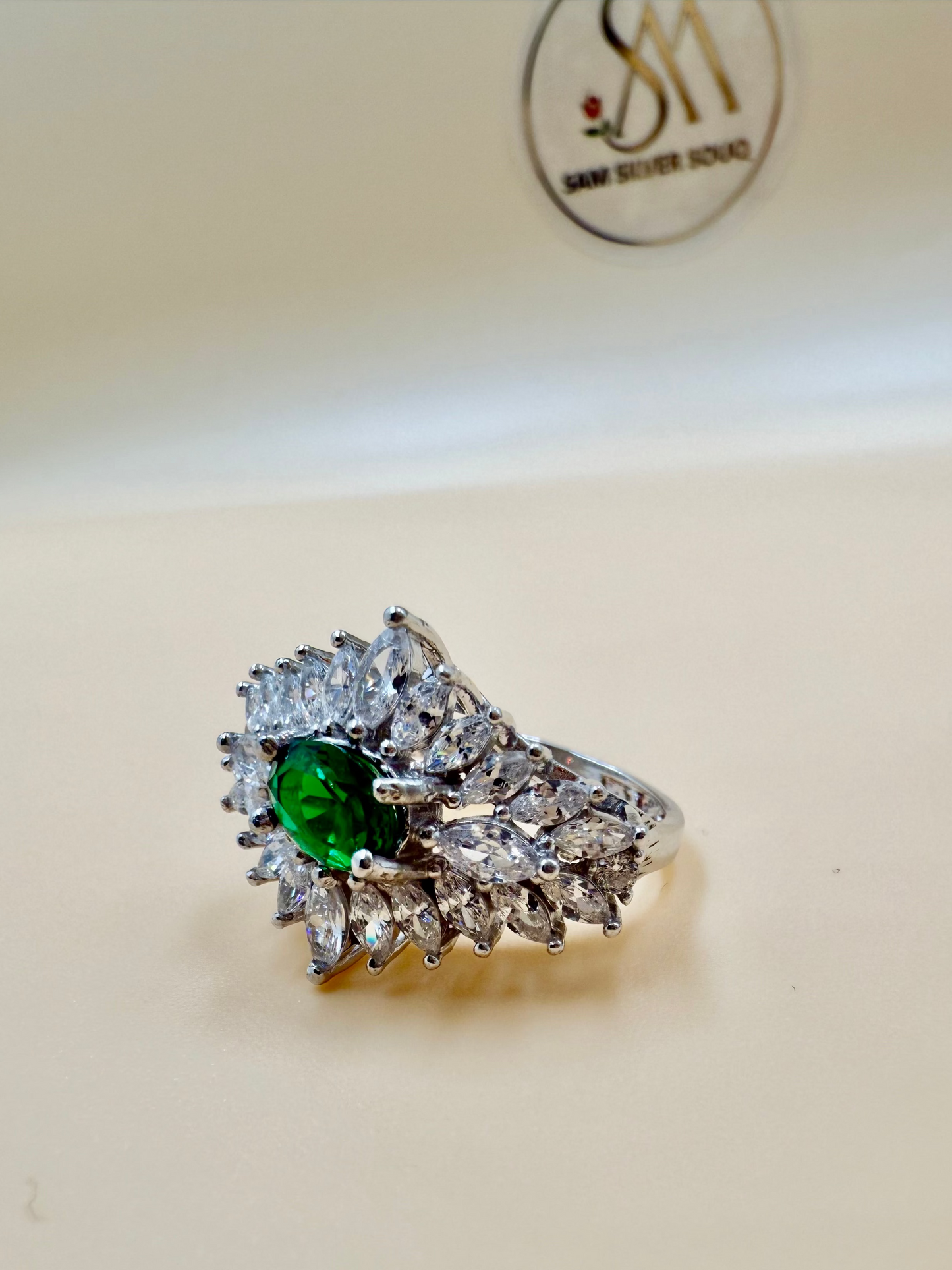 Emerald Halo Zircon Silver Ring