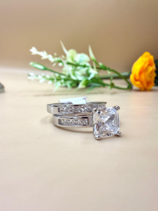 Princess-Cut Zircon Wedding Silver Ring Set