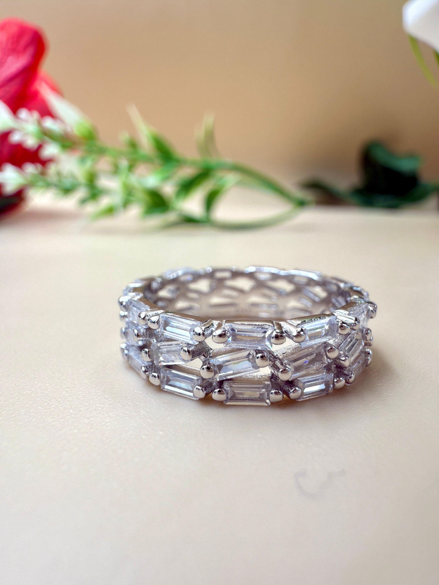 Triple Row Baguette Zircon Silver Ring