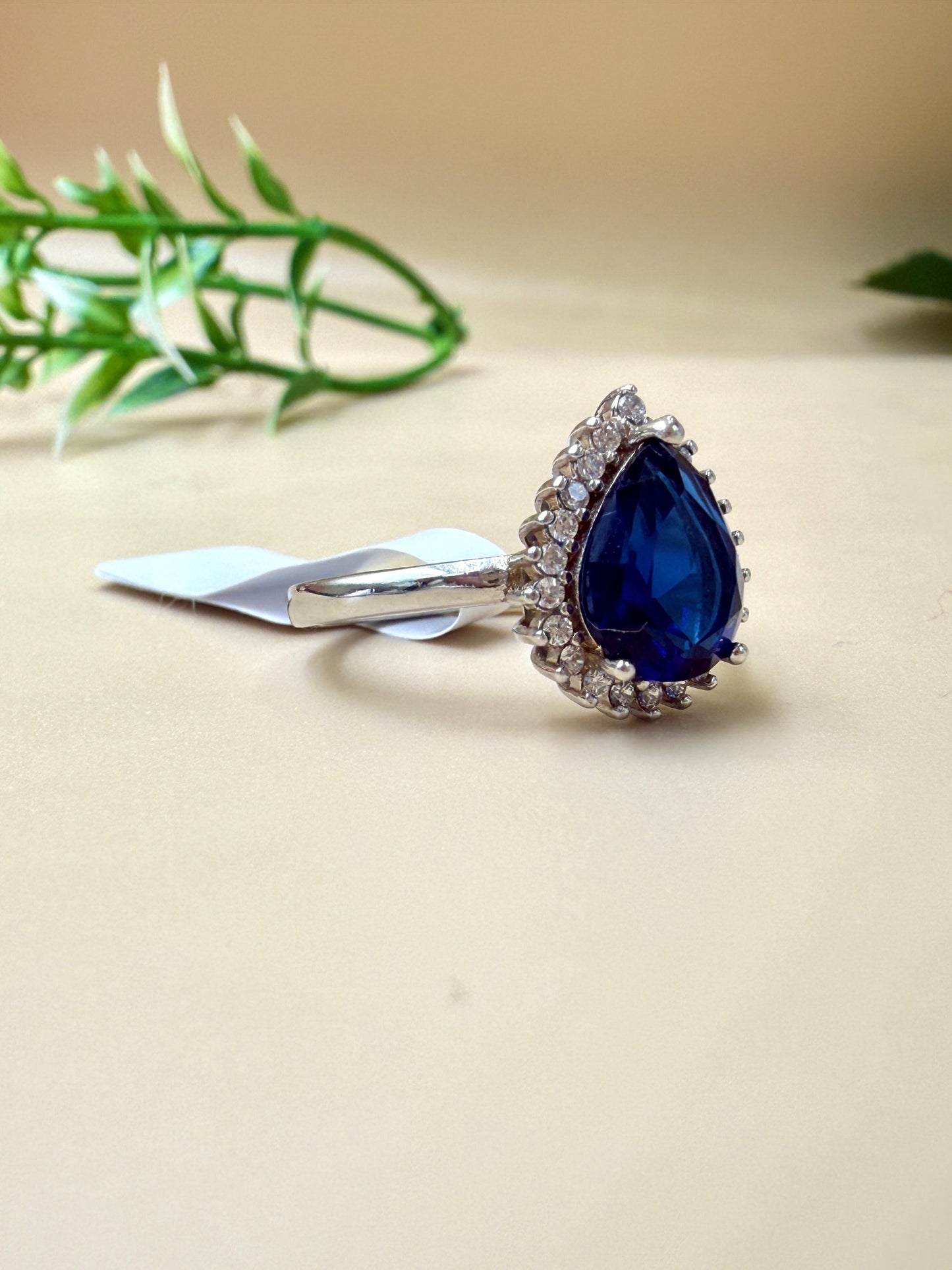 Pear-Shaped Blue Sapphire Zircon Halo Silver Ring