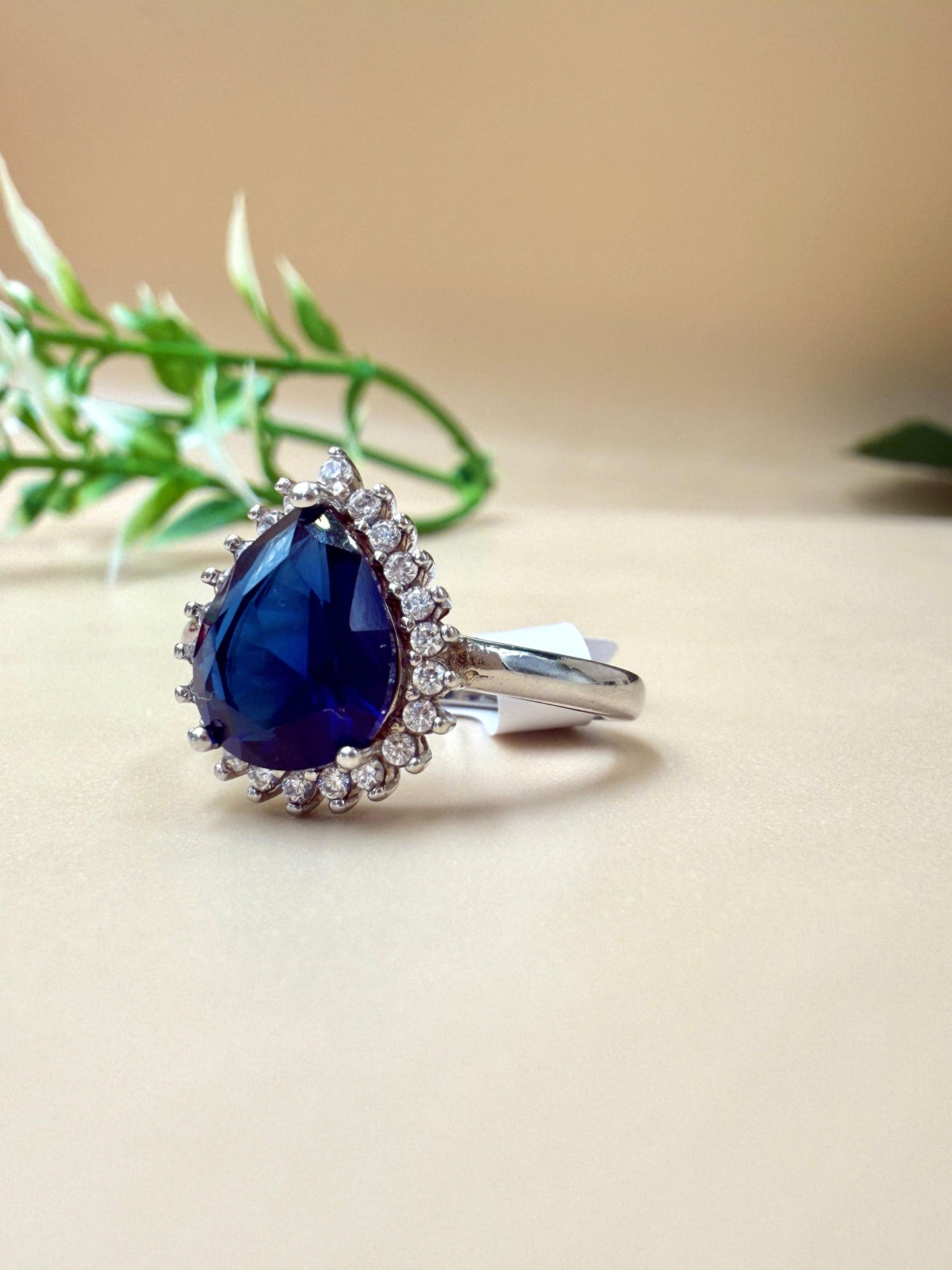 Pear-Shaped Blue Sapphire Zircon Halo Silver Ring