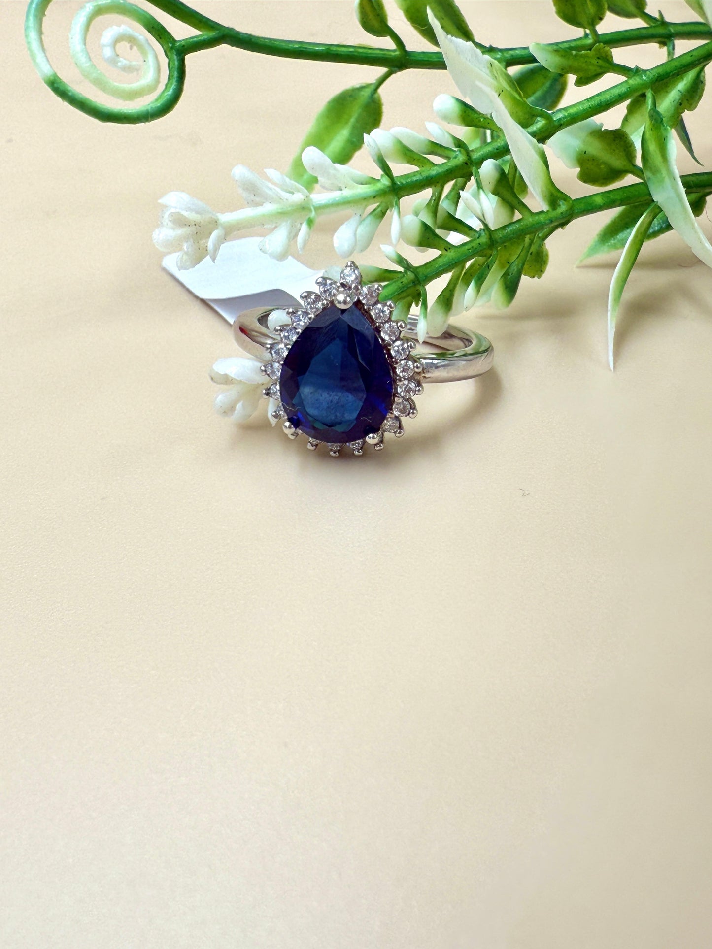 Pear-Shaped Blue Sapphire Zircon Halo Silver Ring