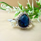 Pear-Shaped Blue Sapphire Zircon Halo Silver Ring