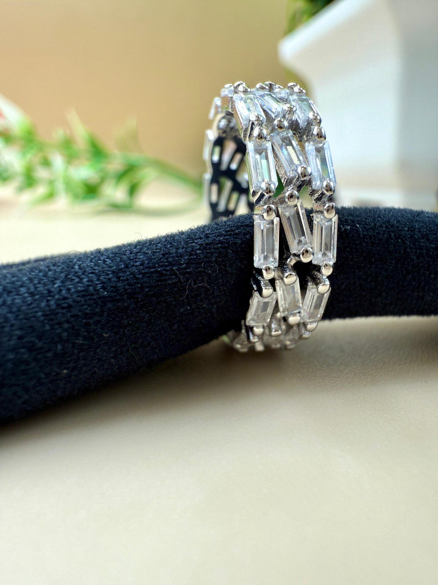 Triple Row Baguette Zircon Silver Ring