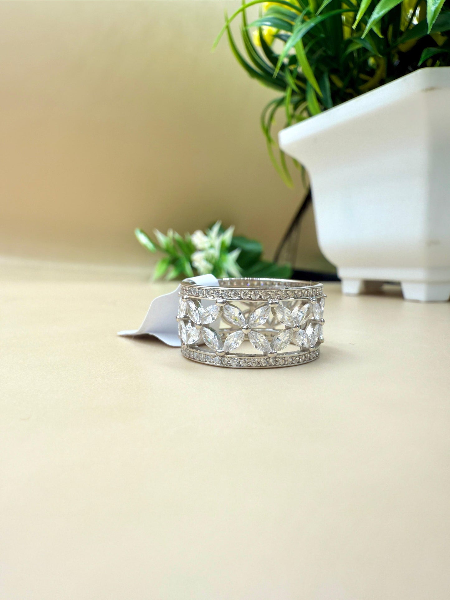 Floral Zircon Silver Band Silver Ring