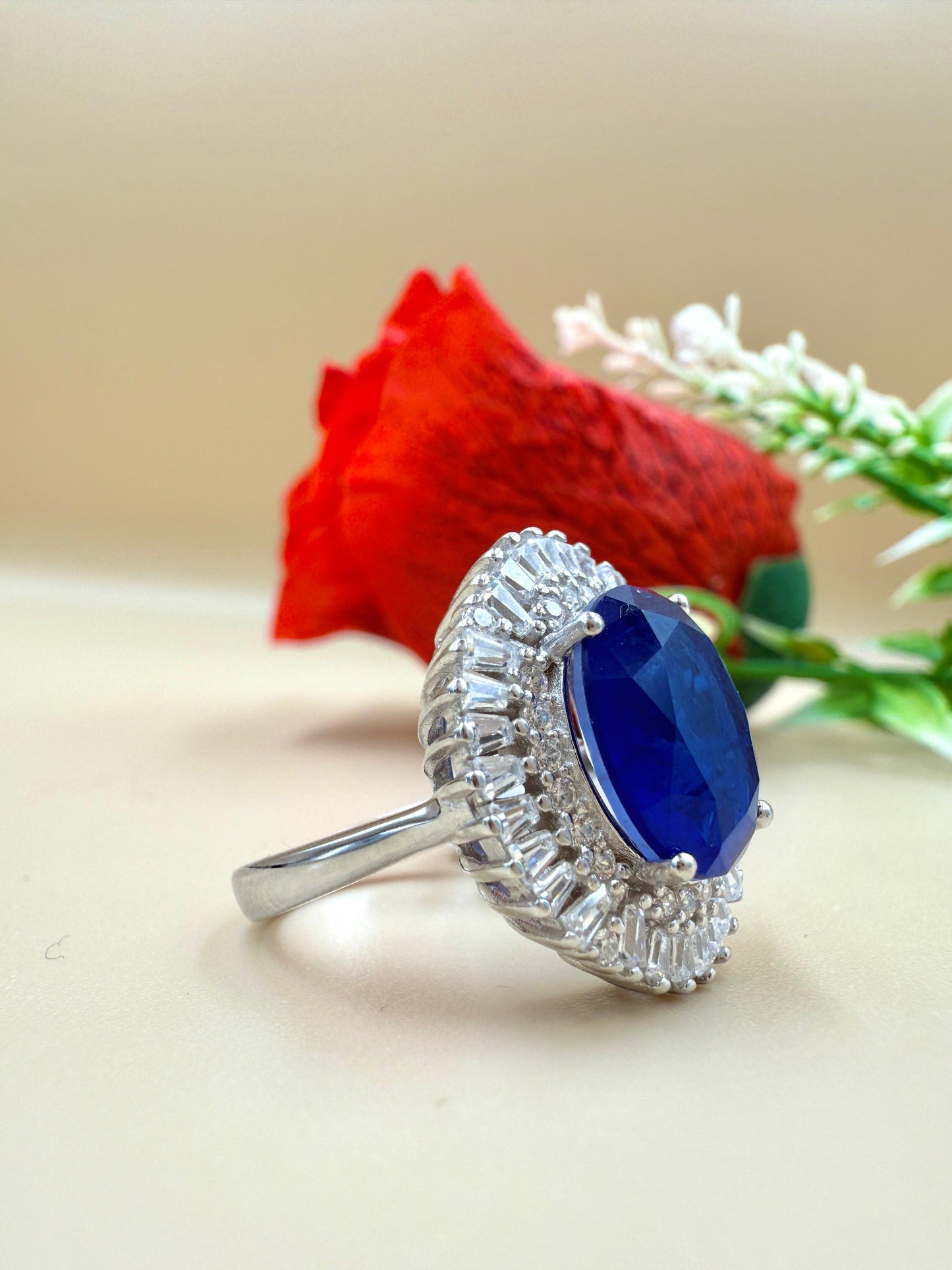 Royal Blue Zircon Halo Silver Ring