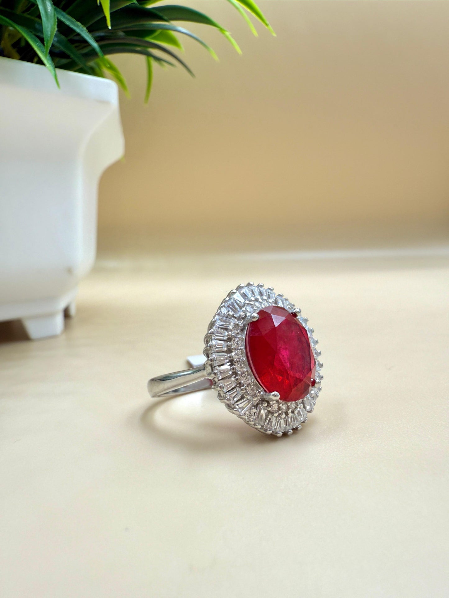Oval Red Zircon Halo  Silver Ring