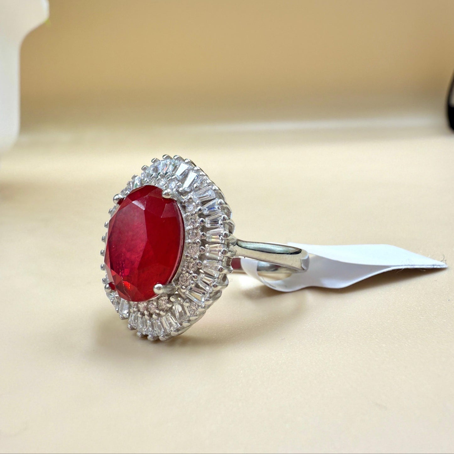 Oval Red Zircon Halo  Silver Ring