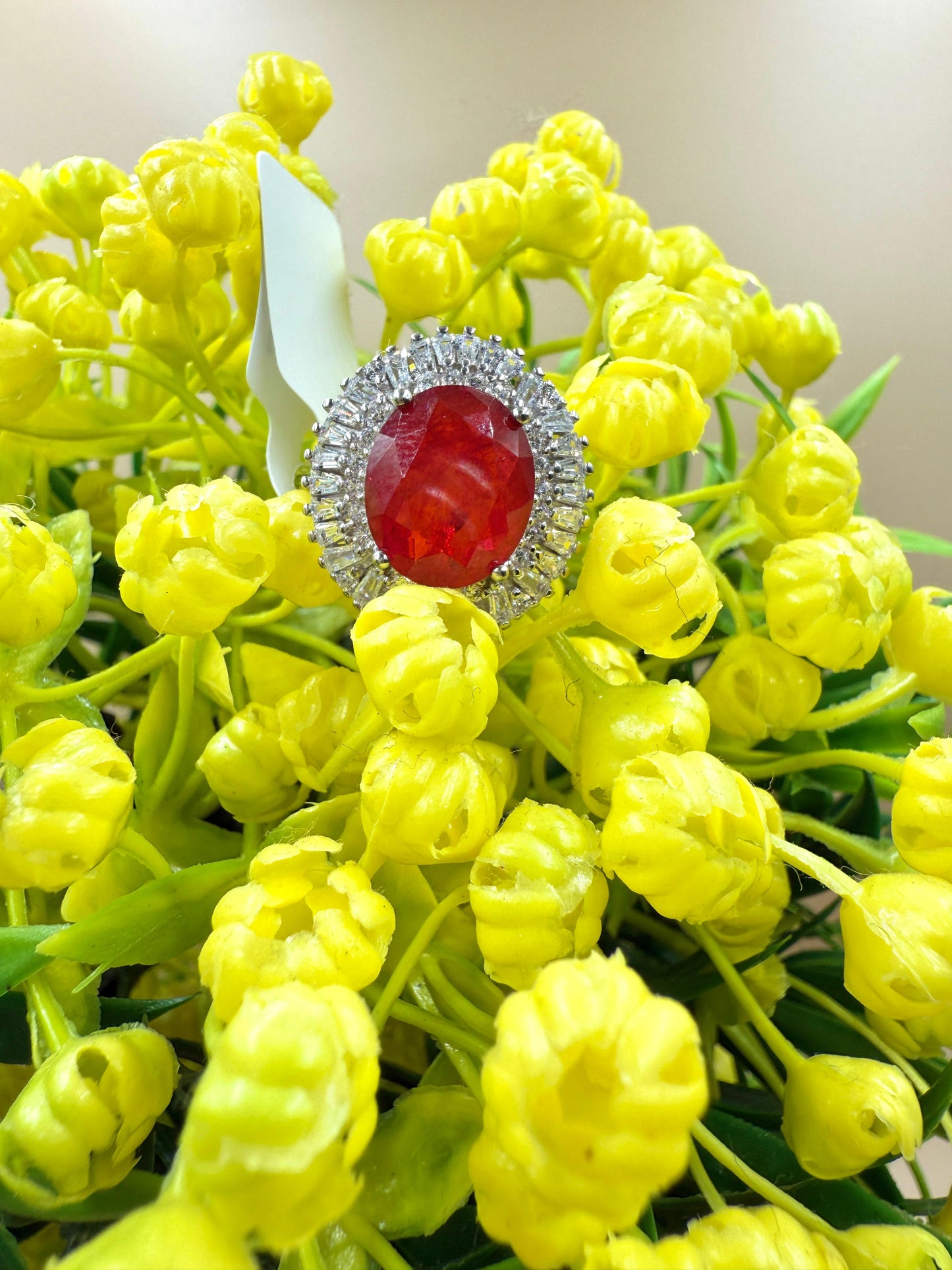 Oval Red Zircon Halo  Silver Ring