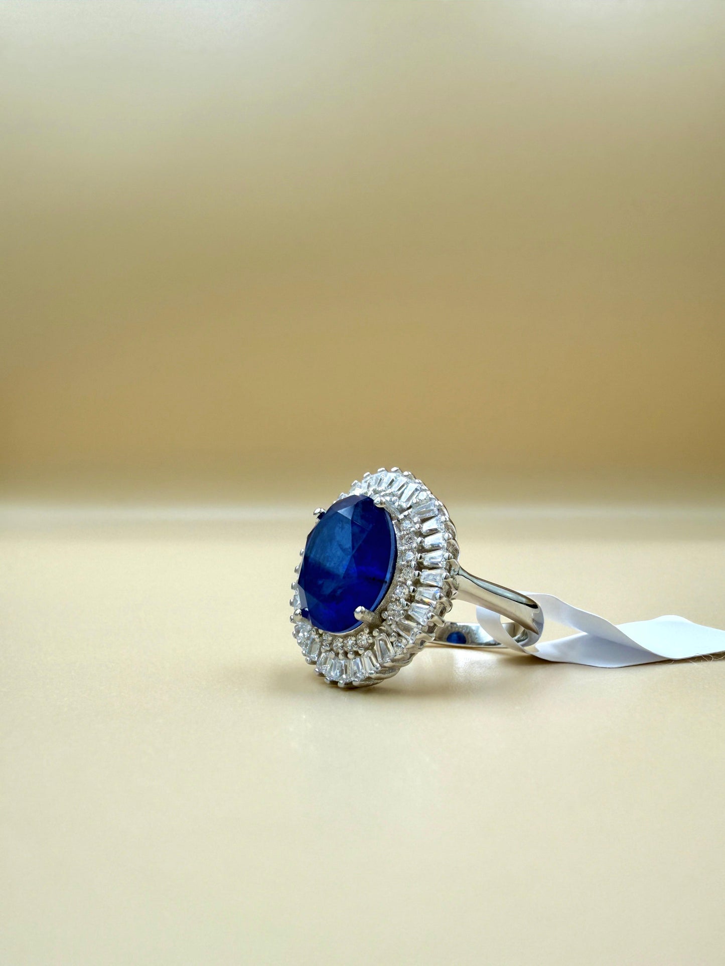 Royal Blue Oval Halo  Silver Ring