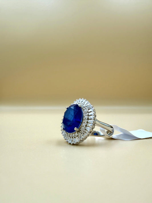 Royal Blue Oval Halo  Silver Ring