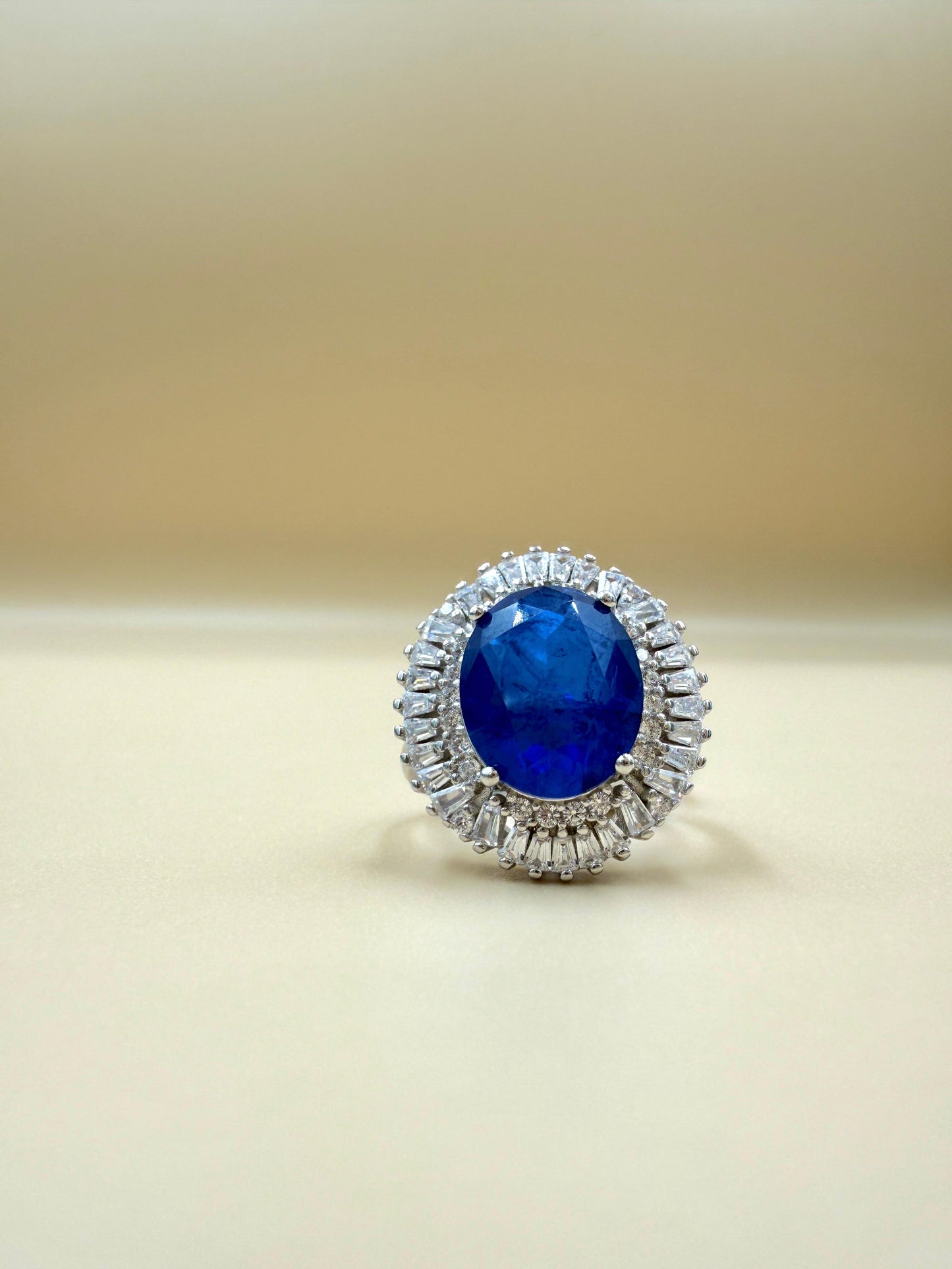 Royal Blue Oval Halo  Silver Ring