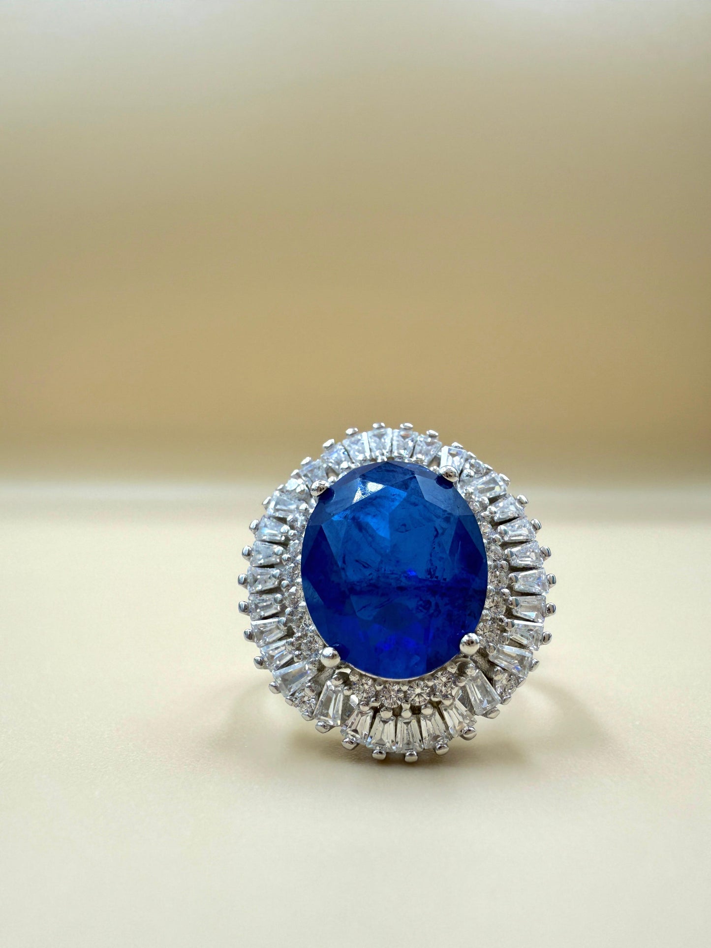 Royal Blue Oval Halo  Silver Ring