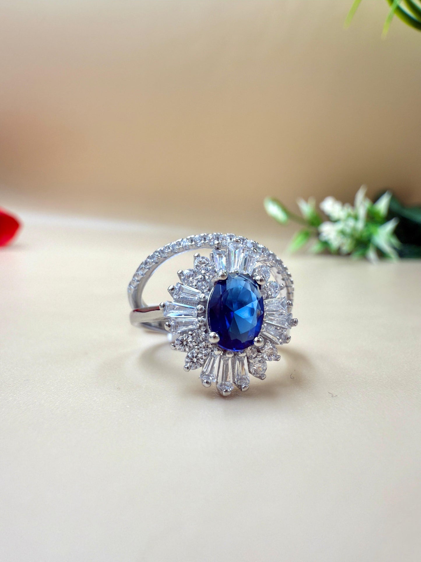 Royal Blue Zircon Halo Silver Ring