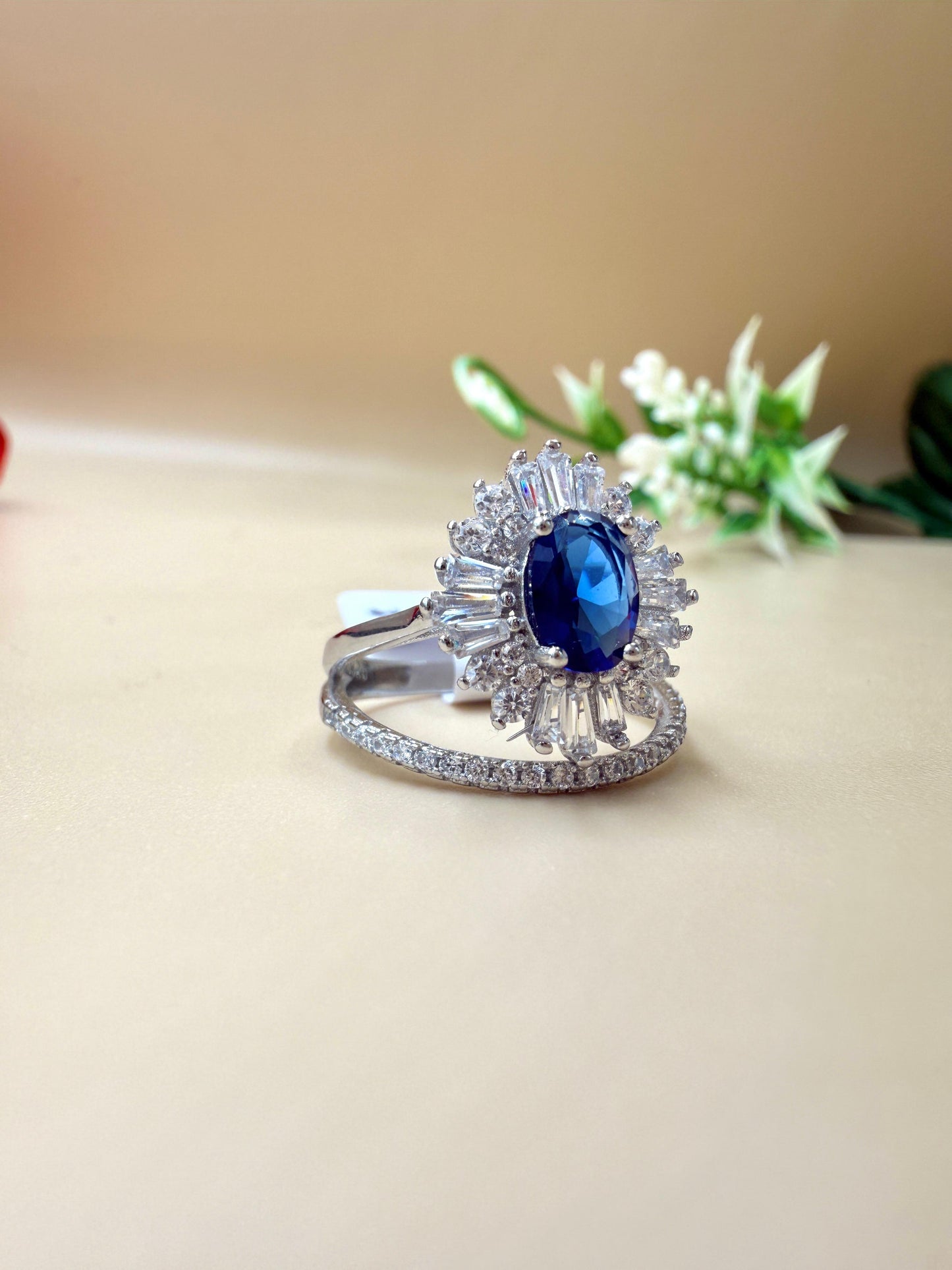Royal Blue Zircon Halo Silver Ring