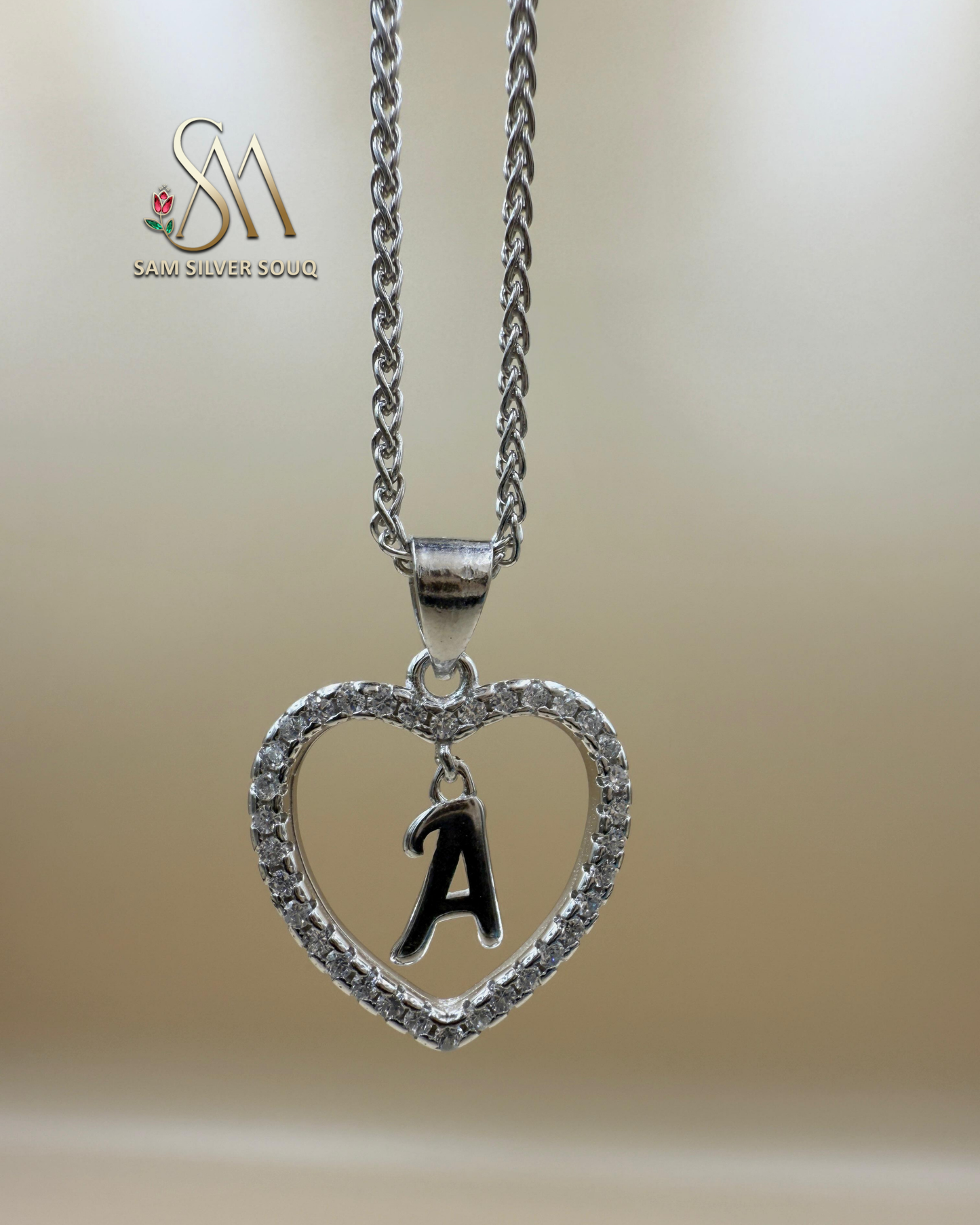 SILVER 925 Sterling Silver Premium 26 Letters Alphabet A To Z Initial Cubic Zirconia Heart Pendant Women Necklace