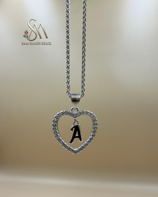 SILVER 925 Sterling Silver Premium 26 Letters Alphabet A To Z Initial Cubic Zirconia Heart Pendant Women Necklace