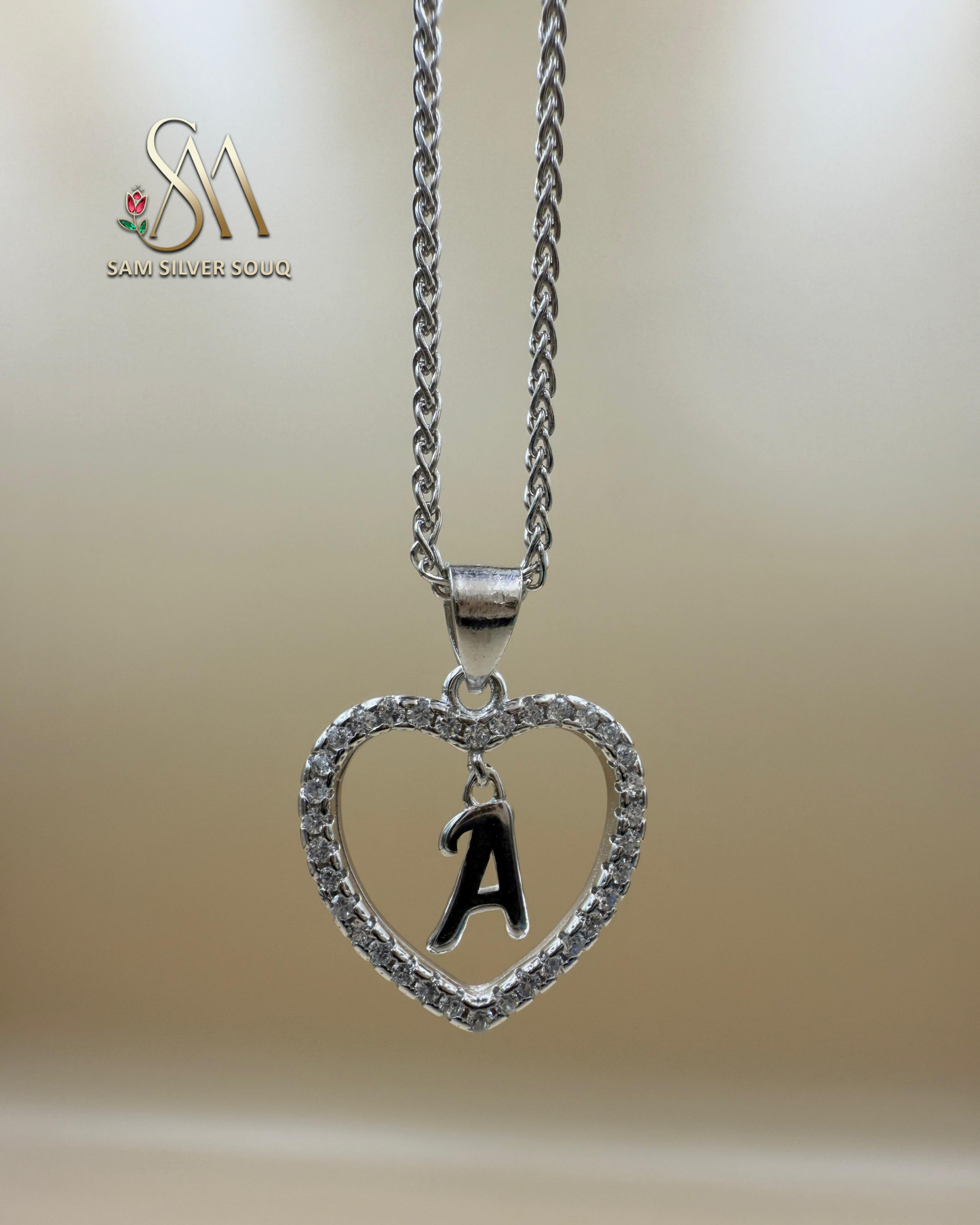 SILVER 925 Sterling Silver Premium 26 Letters Alphabet A To Z Initial Cubic Zirconia Heart Pendant Women Necklace