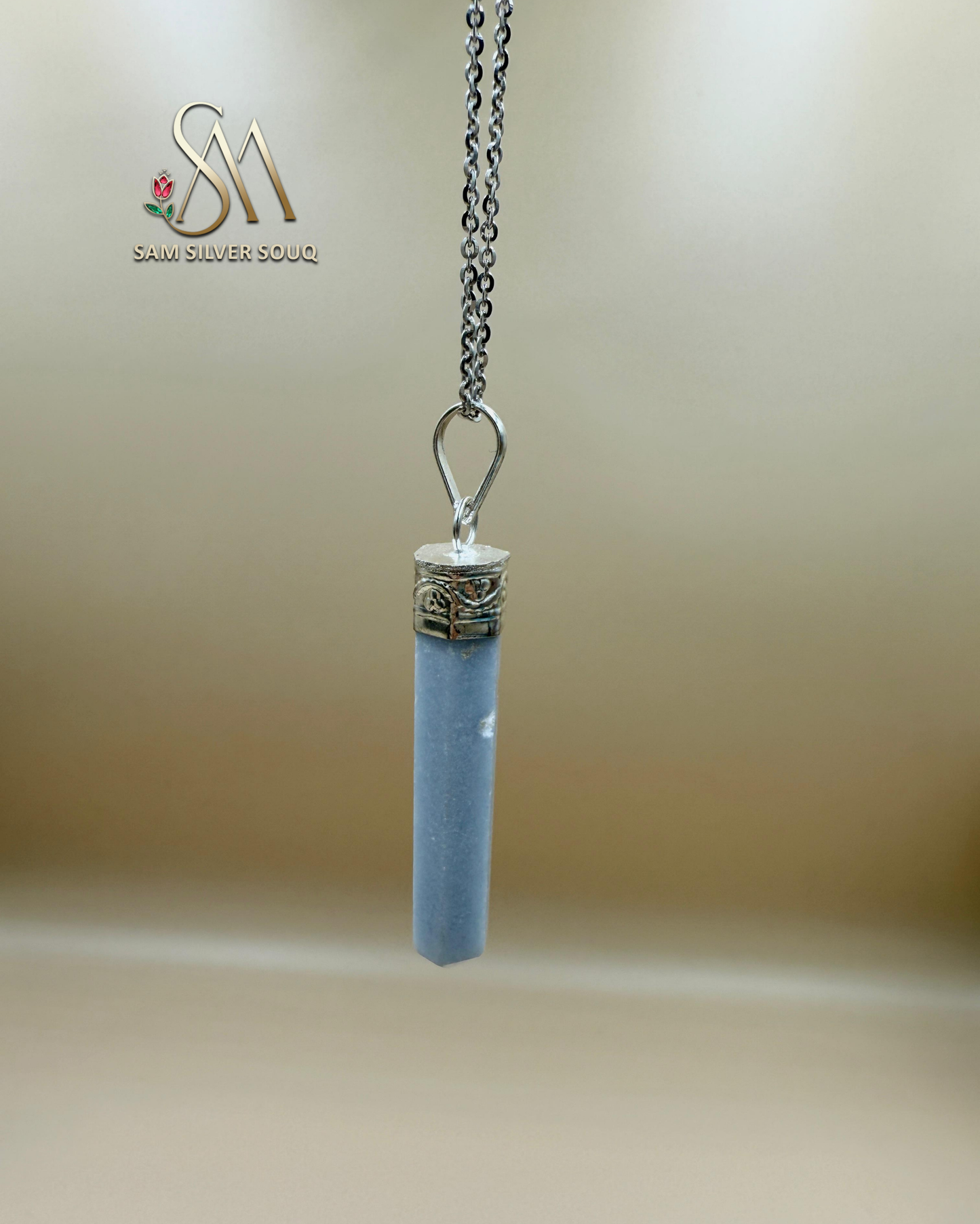 SILVER 925 Sterling Silver  Angelite Pencil Pendant with Metal Chain Girl/Woman Necklace