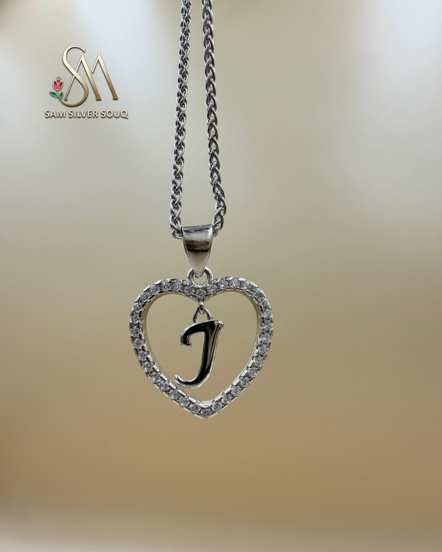 SILVER 925 Sterling Silver Premium 26 Letters Alphabet A To Z Initial Cubic Zirconia Heart Pendant Women Necklace