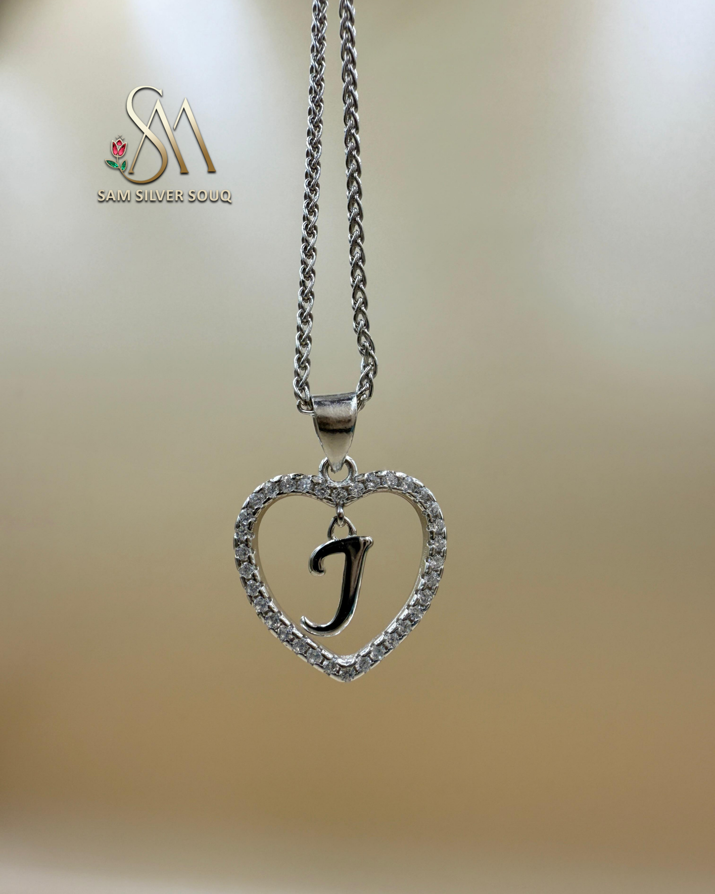 SILVER 925 Sterling Silver Premium 26 Letters Alphabet A To Z Initial Cubic Zirconia Heart Pendant Women Necklace