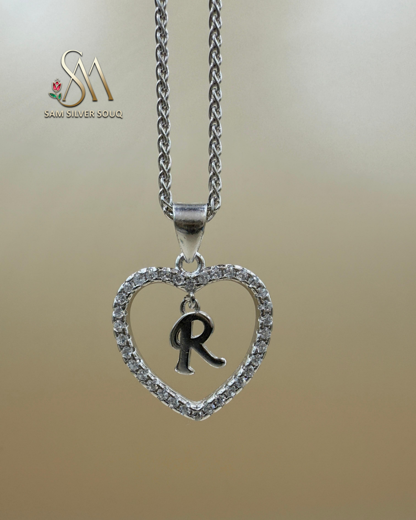 SILVER 925 Sterling Silver Premium 26 Letters Alphabet A To Z Initial Cubic Zirconia Heart Pendant Women Necklace